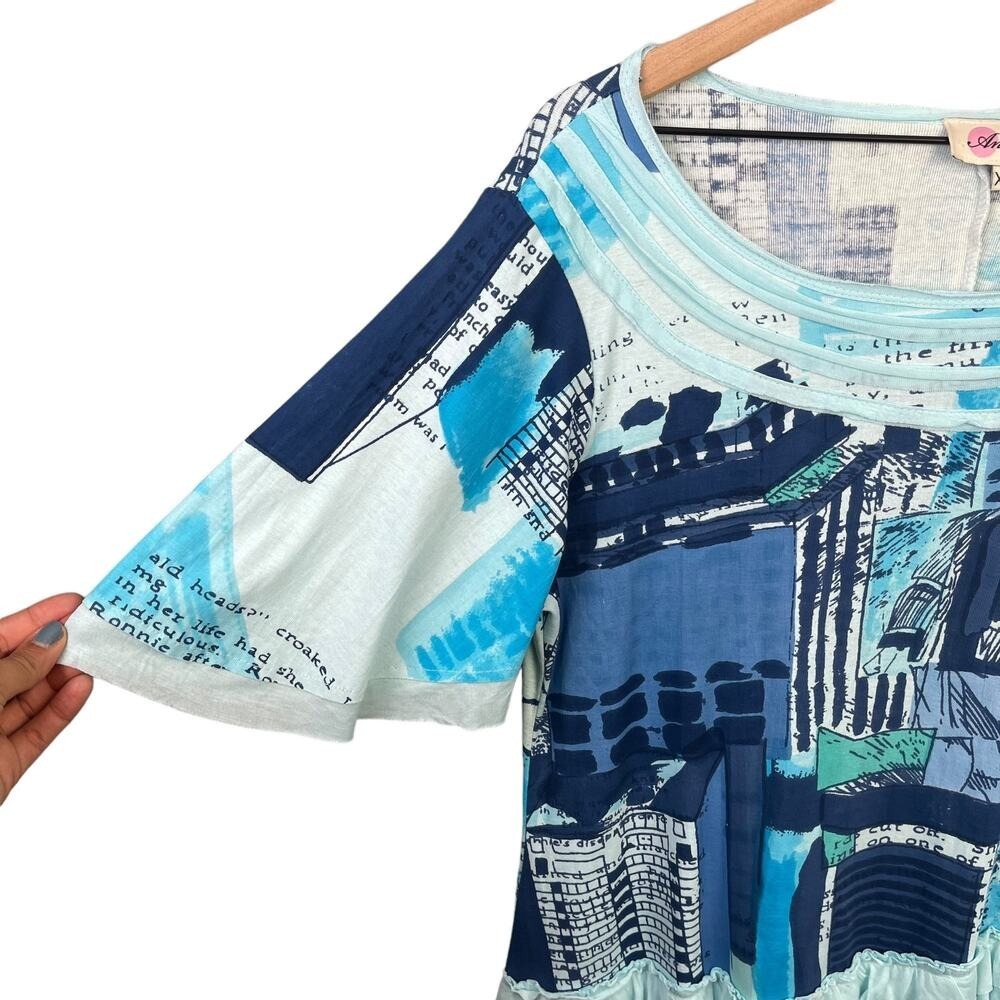 Anuna's Blue Abstract Newspaper Print Ruffle Handkerchief Tunic XL Lagenlook - Picture 7 of 10